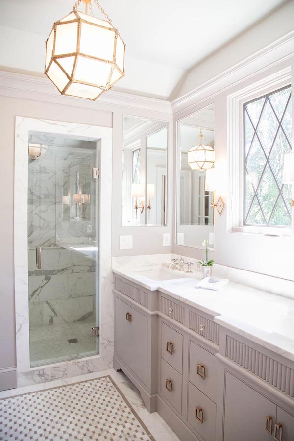 brookhaven tudor master bath renovation with custom fixtures, iron tudor tyle windows, and custom cabinetry