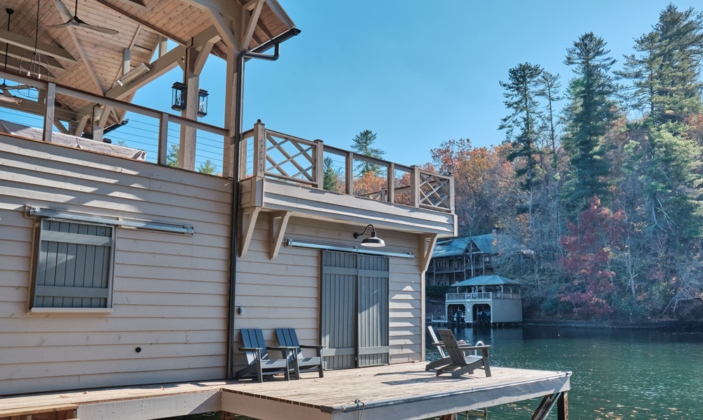 lake burton boathouse view of lower and upper decks across the water