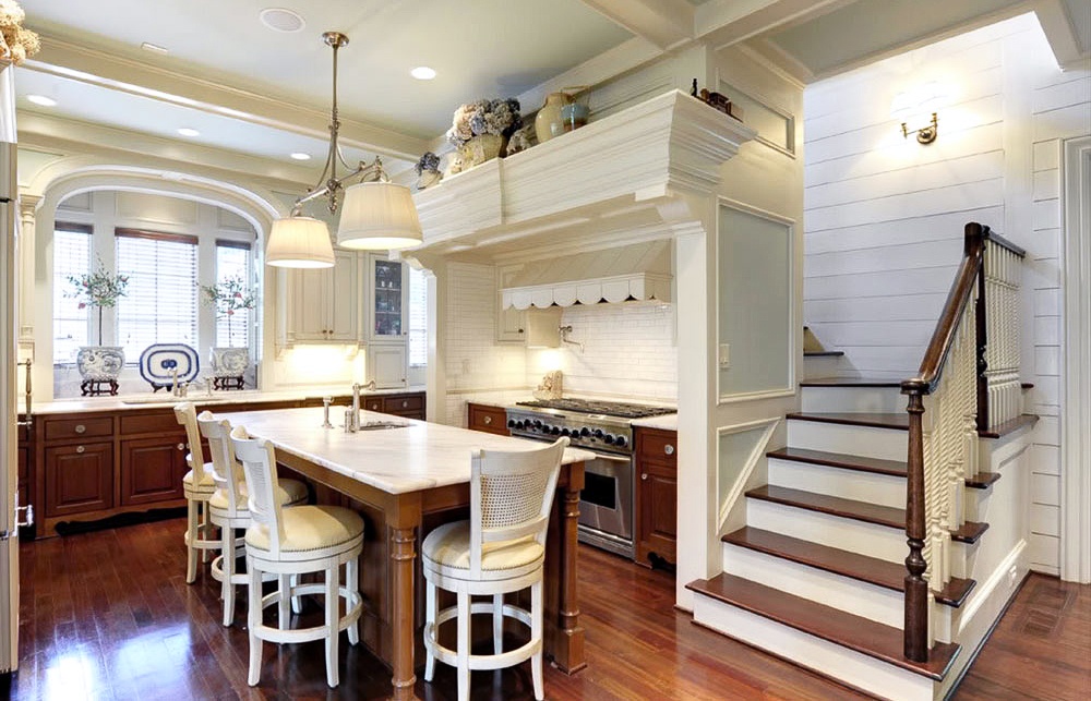 brookhaven jeffersonian enlarged kitchen with island and custom stove millwork